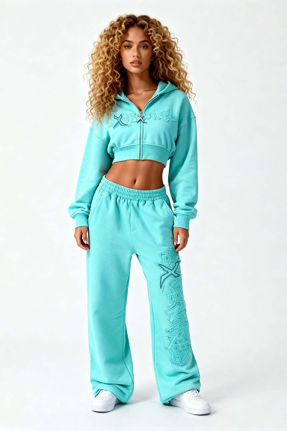 DISTRESSED CROPPED ZIP HOODIE CRYSTAL TIFFANY