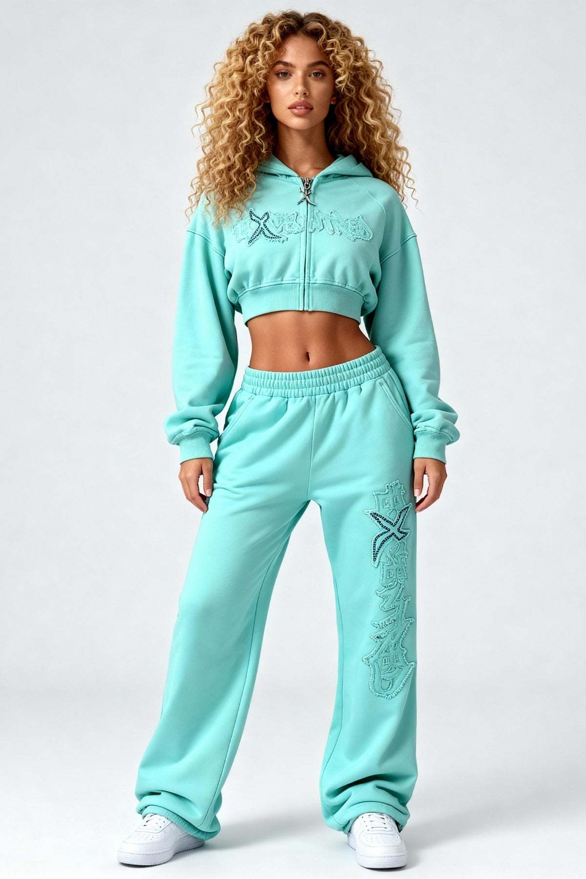 DISTRESSED CROPPED ZIP HOODIE CRYSTAL TIFFANY