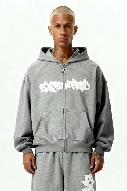 DISTRESSED ZIP HOODIE SMOKE GREY
