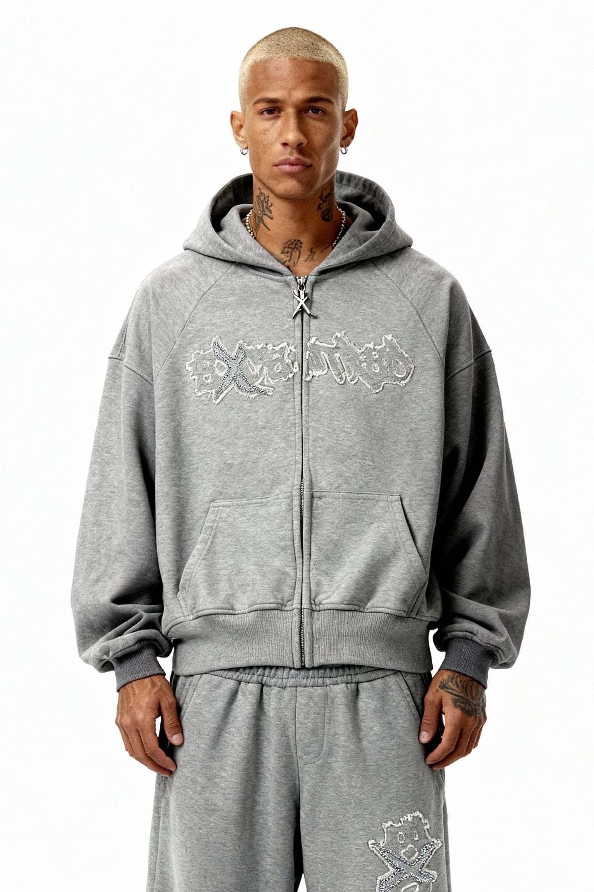 DISTRESSED ZIP HOODIE SMOKE GREY