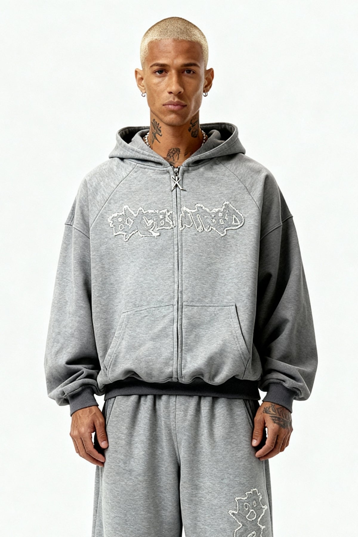 DISTRESSED ZIP HOODIE SMOKE GREY