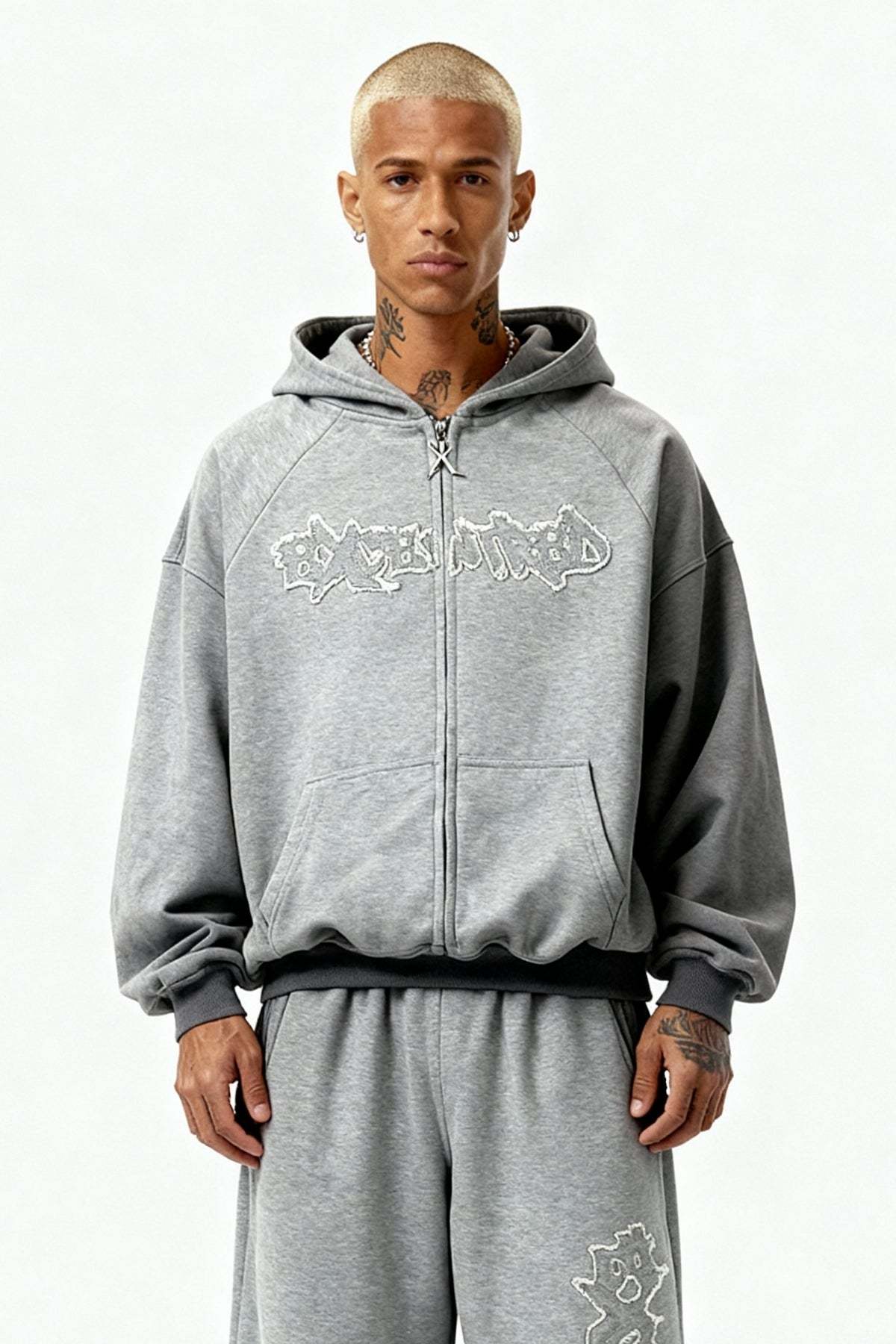 DISTRESSED ZIP HOODIE SMOKE GREY