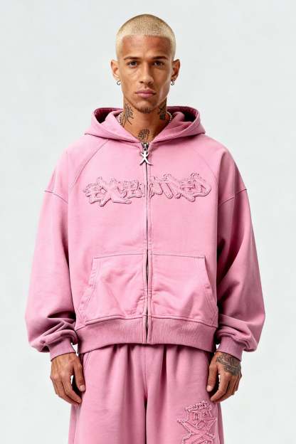 DISTRESSED ZIP HOODIE SAKURA PINK