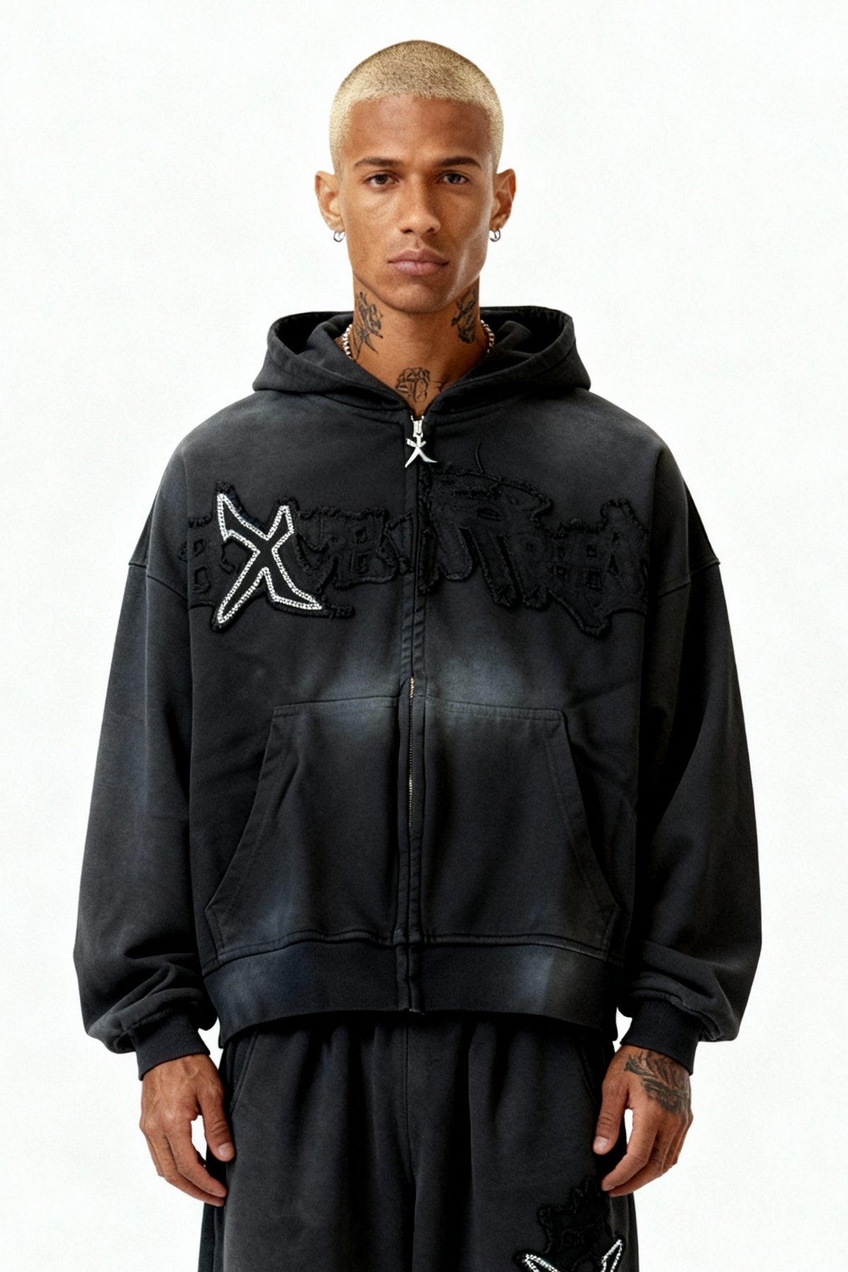 RHINESTONE ZIP HOODIE CARBON BLACK
