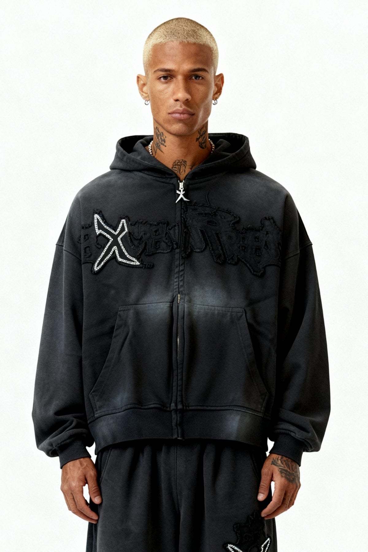 RHINESTONE ZIP HOODIE CARBON BLACK