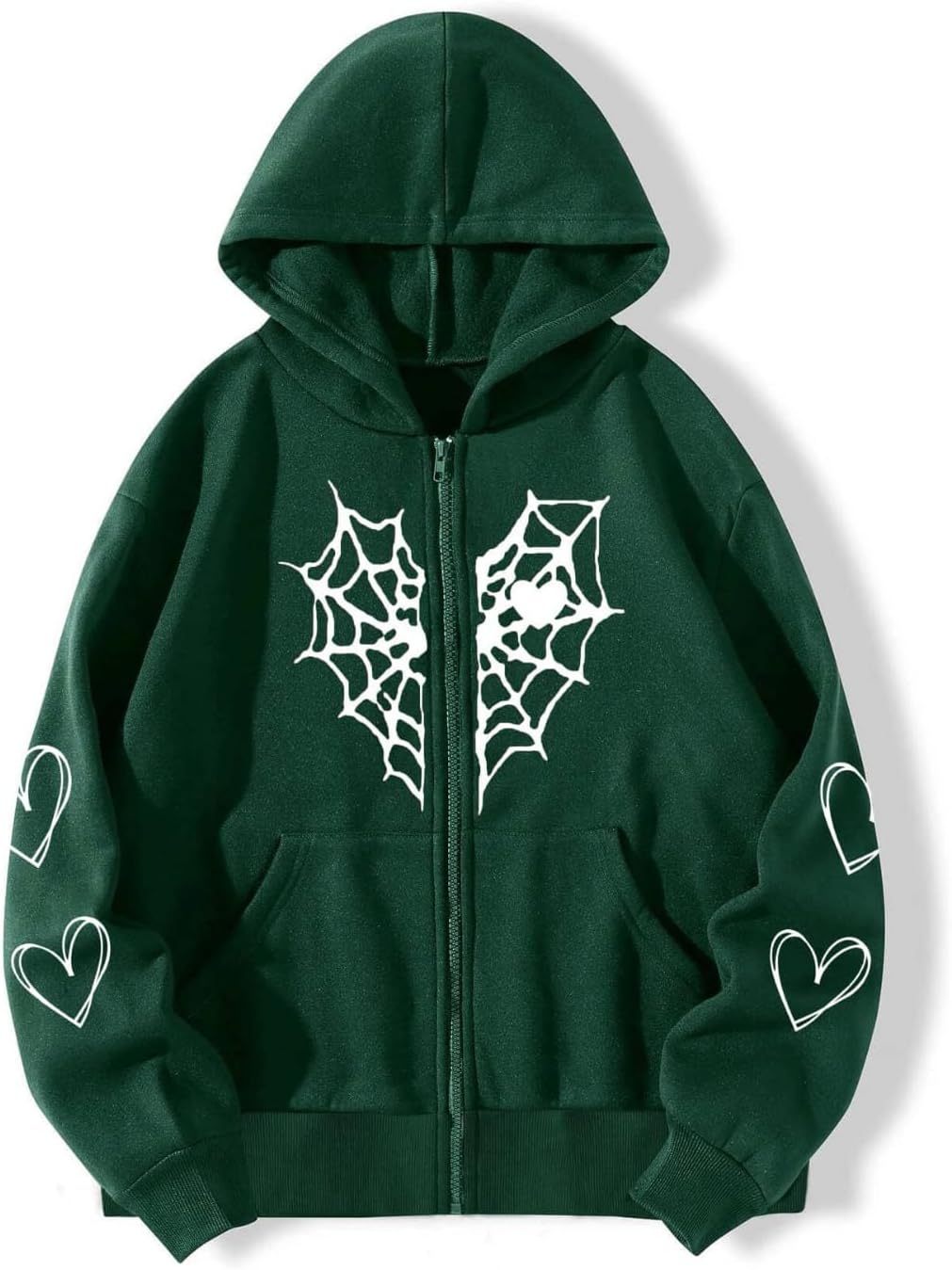 Oversized Y2K Zip Up Hoodie for Women Men Gothic Spider Web Heart Grap