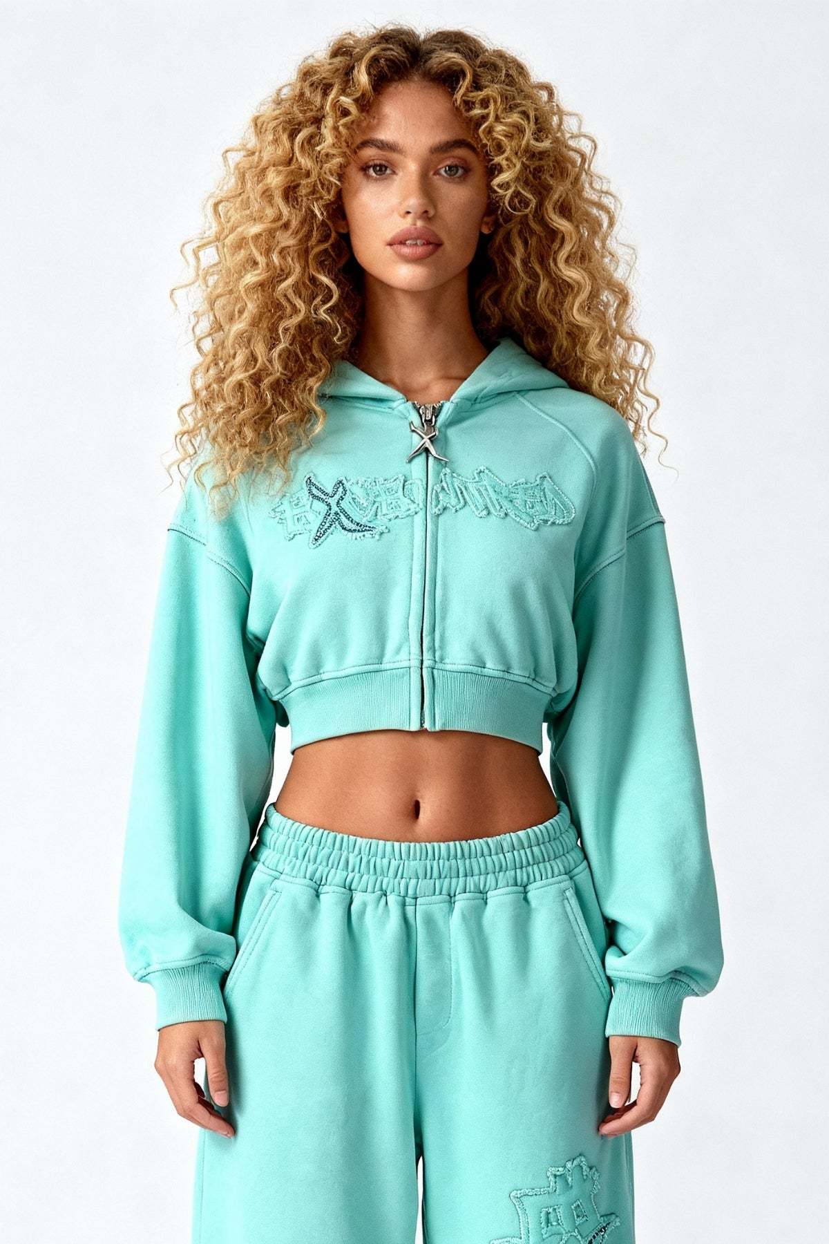 DISTRESSED CROPPED ZIP HOODIE CRYSTAL TIFFANY