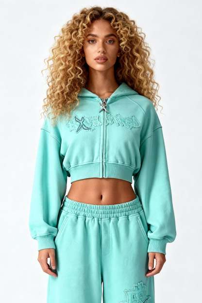 DISTRESSED CROPPED ZIP HOODIE CRYSTAL TIFFANY
