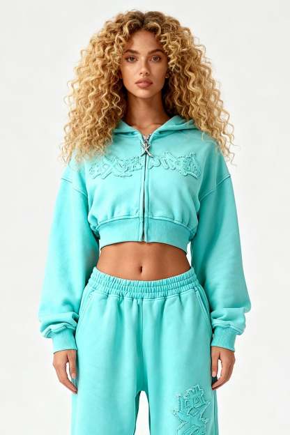 DISTRESSED CROPPED ZIP HOODIE CRYSTAL TIFFANY