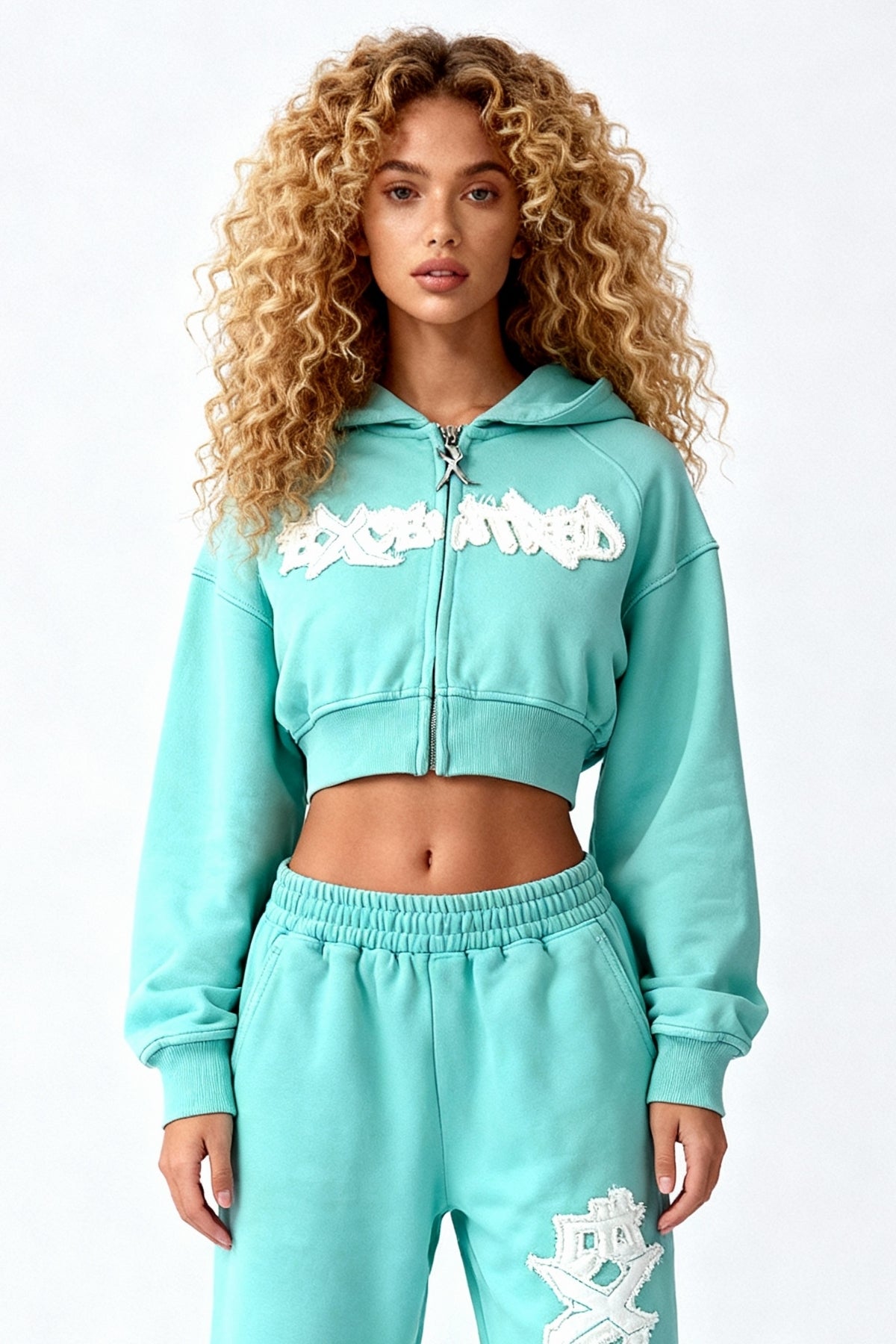 DISTRESSED CROPPED ZIP HOODIE CRYSTAL TIFFANY