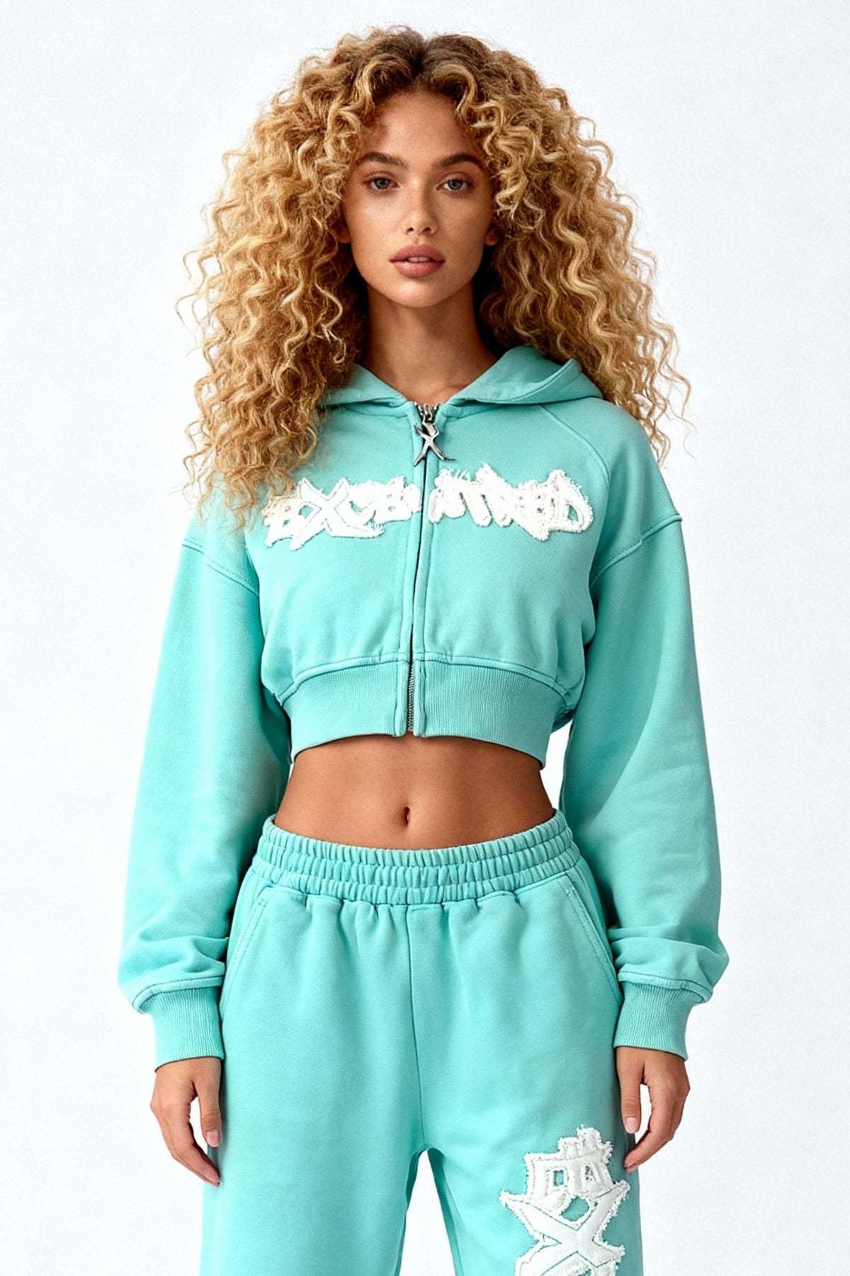 DISTRESSED CROPPED ZIP HOODIE CRYSTAL TIFFANY