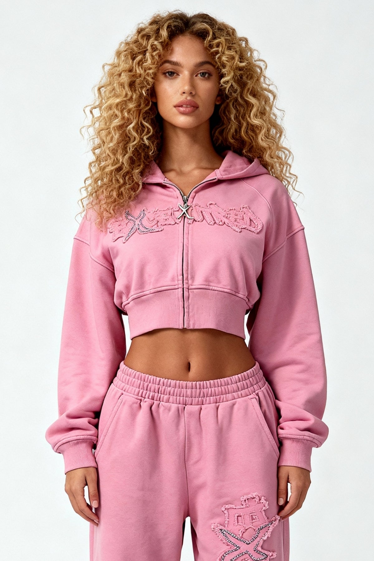 DISTRESSED CROPPED ZIP HOODIE SAKURA PINK