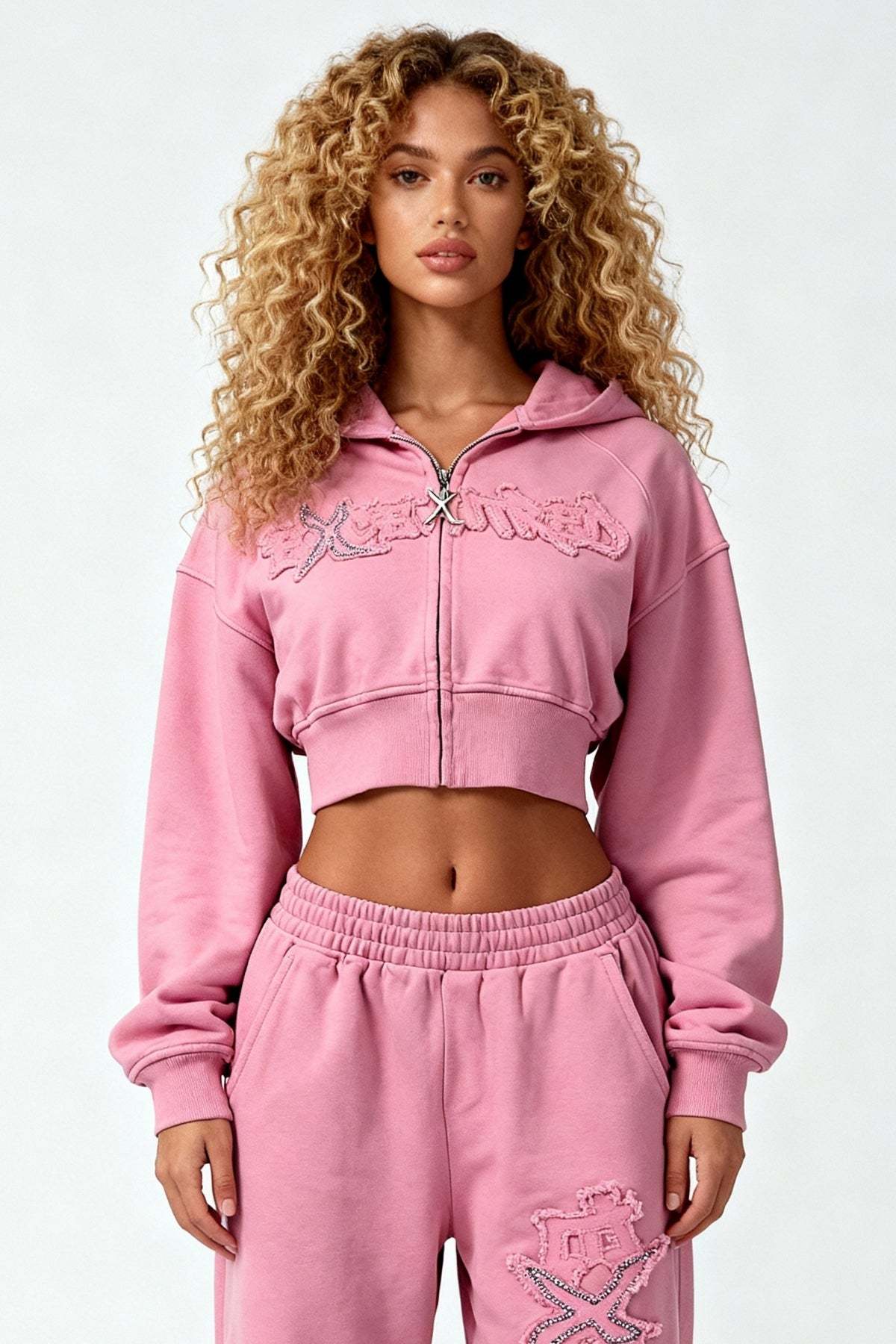 DISTRESSED CROPPED ZIP HOODIE SAKURA PINK