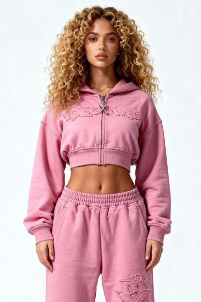 DISTRESSED CROPPED ZIP HOODIE SAKURA PINK