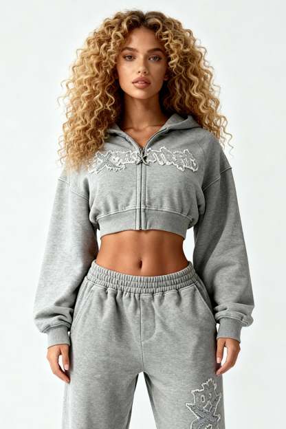 DISTRESSED CROPPED ZIP HOODIE SMOKE GREY