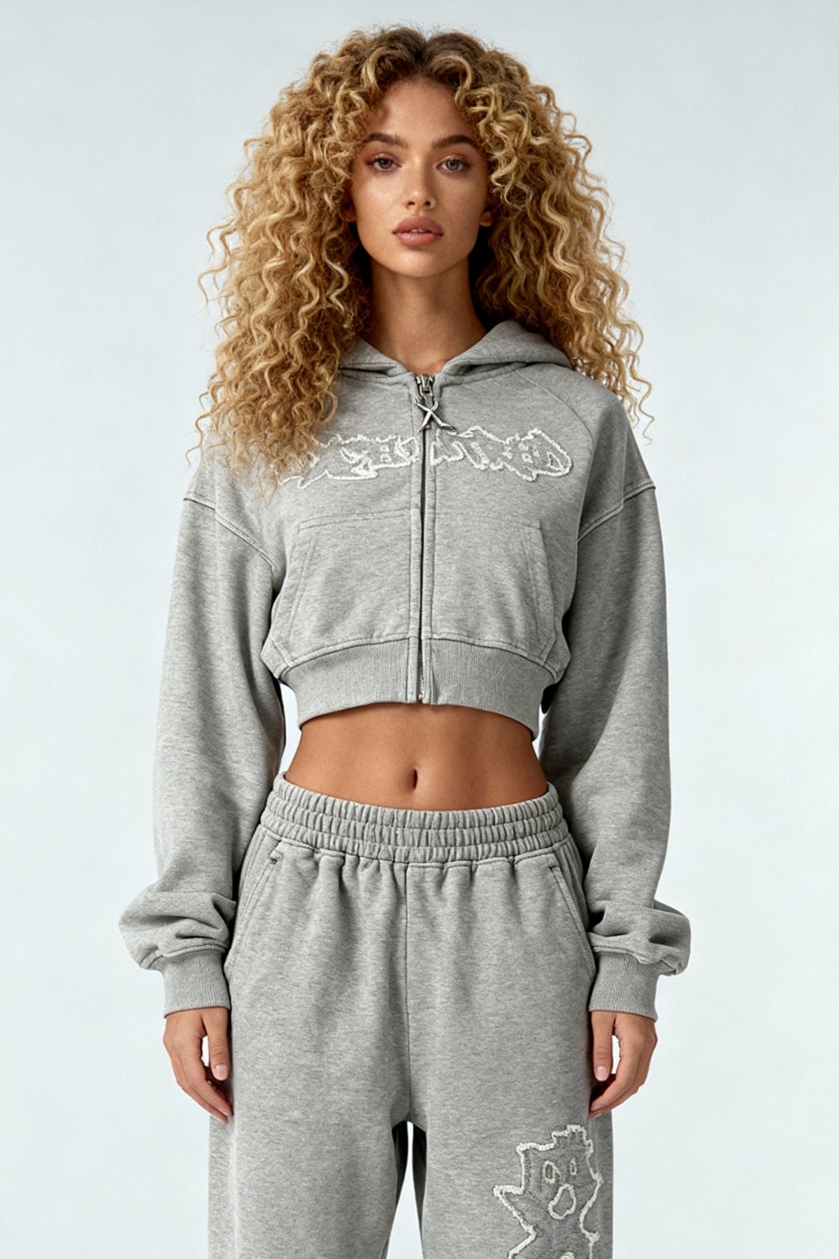 DISTRESSED CROPPED ZIP HOODIE SMOKE GREY
