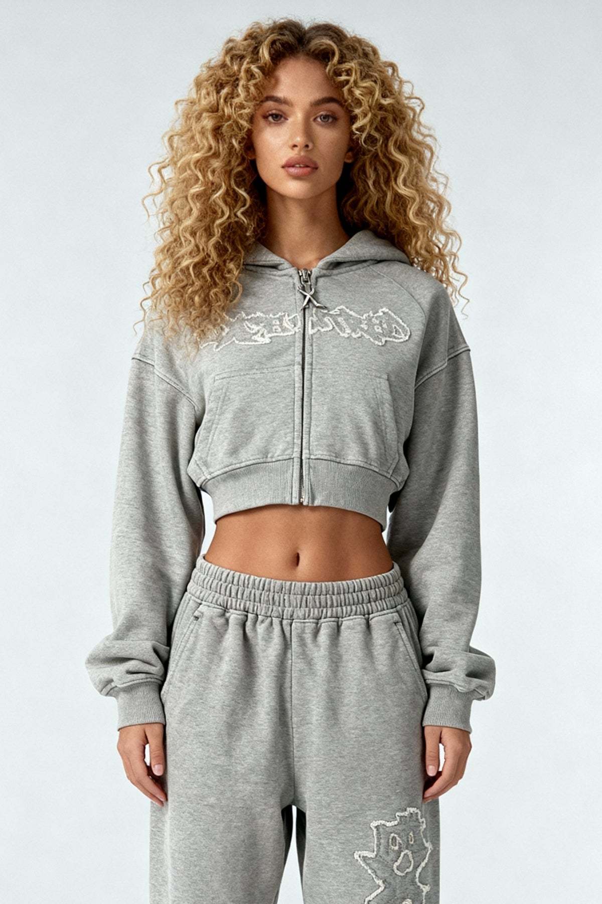 DISTRESSED CROPPED ZIP HOODIE SMOKE GREY