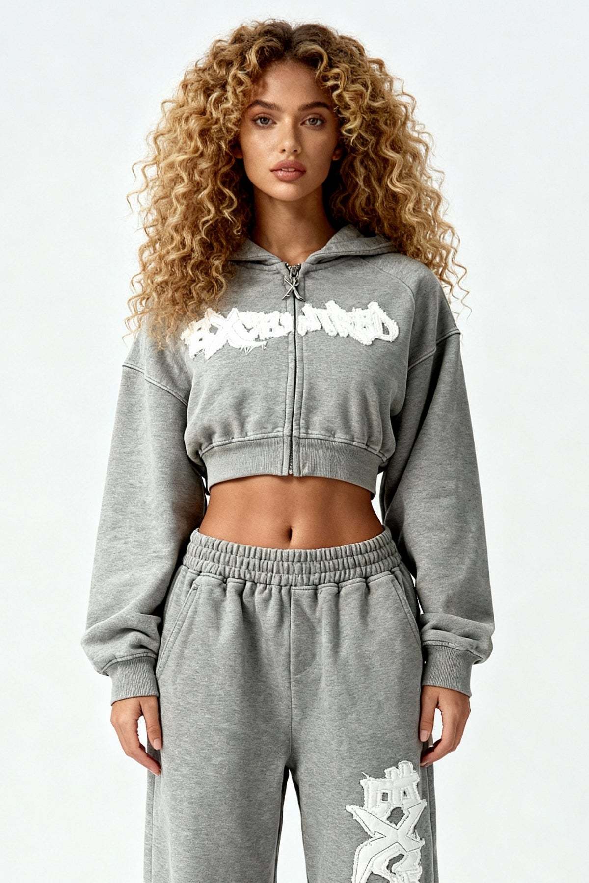 DISTRESSED CROPPED ZIP HOODIE SMOKE GREY