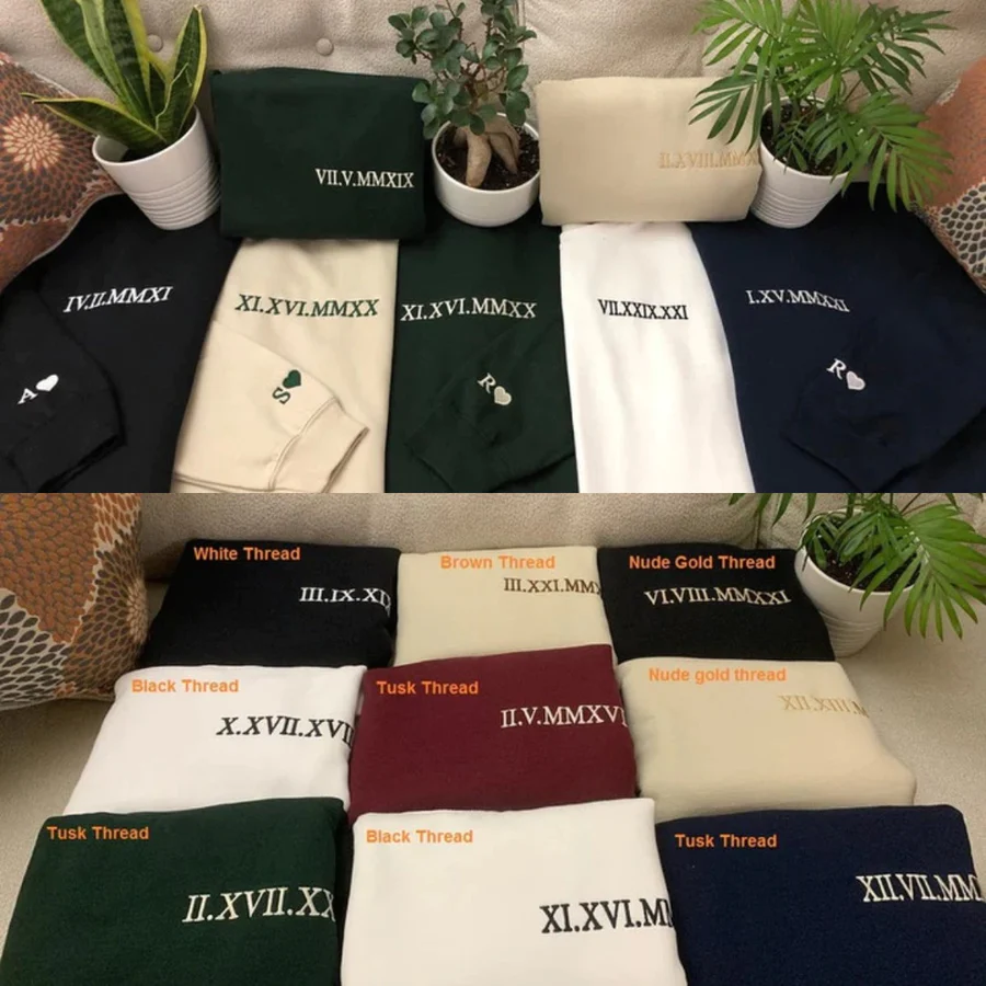 Couple Friend Family Gift！Roman Numeral Custom Embroidered T-Shirt/Sweart/Hoodie【Couple order quantity 2 pcs】