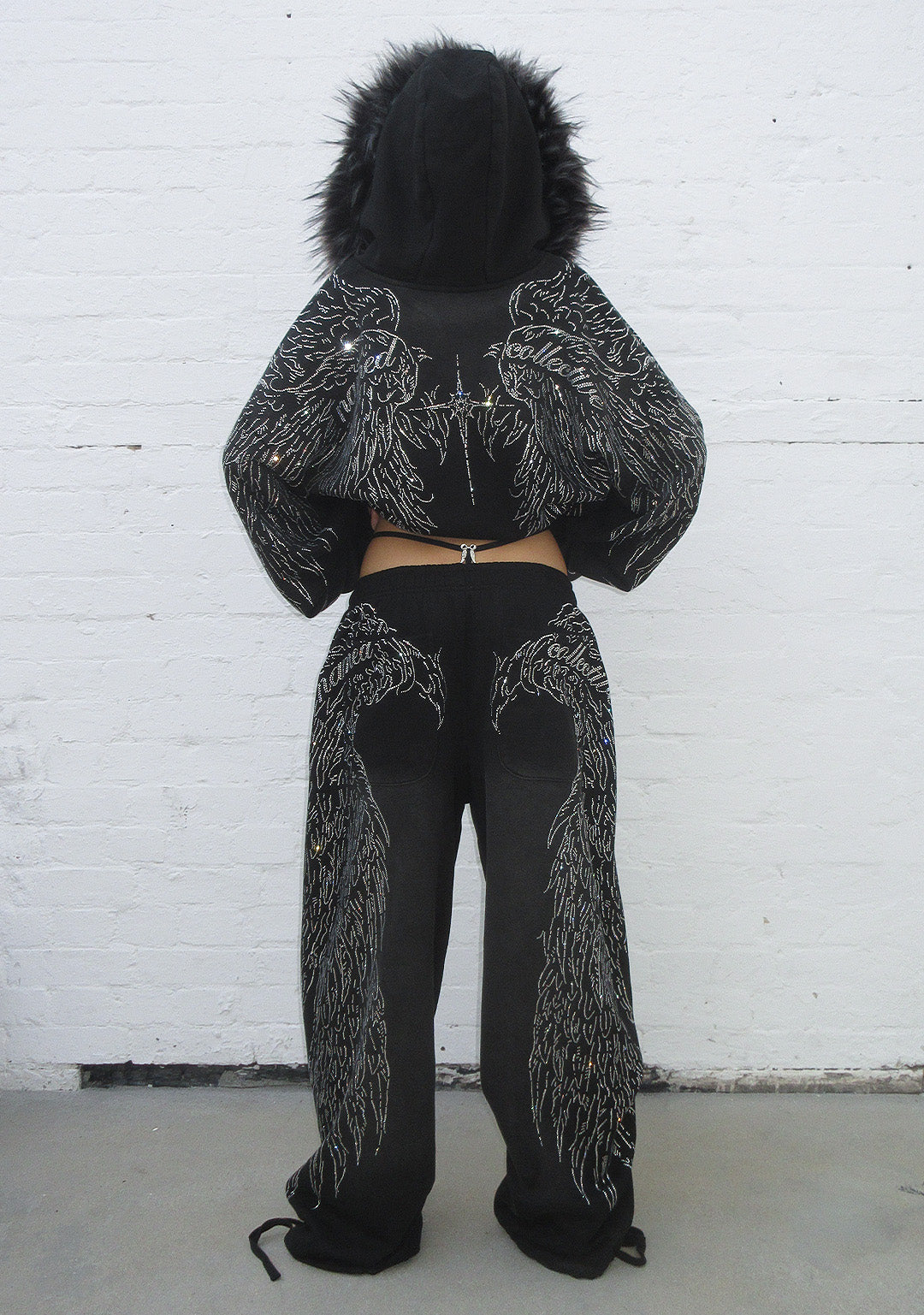 FAUX FUR RHINESTONE SET（Black）