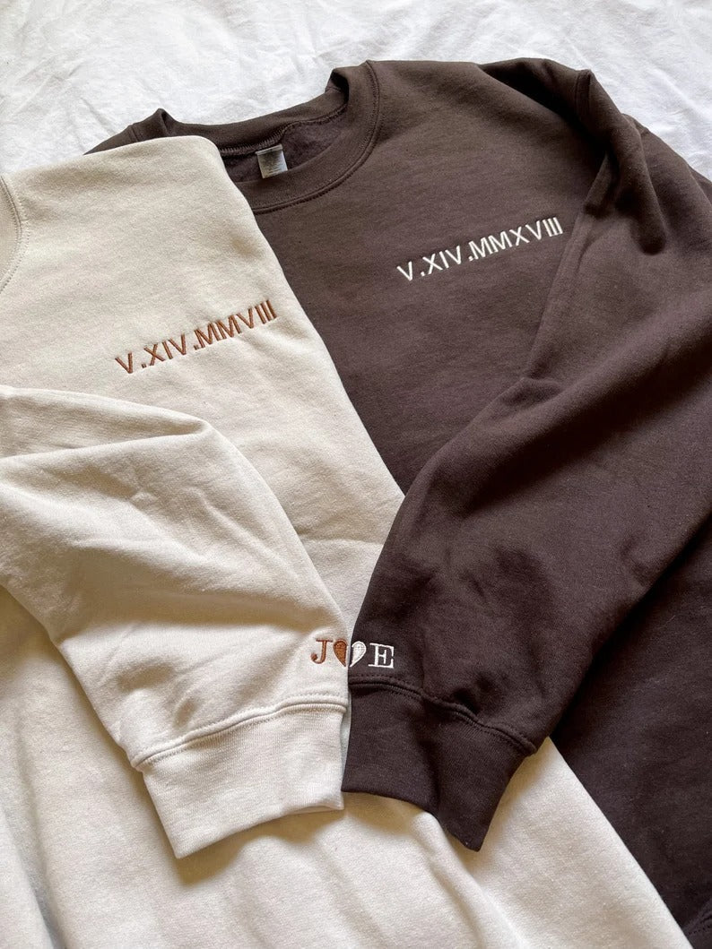 Couple Friend Family Gift！Roman Numeral Custom Embroidered T-Shirt/Sweart/Hoodie【Couple order quantity 2 pcs】