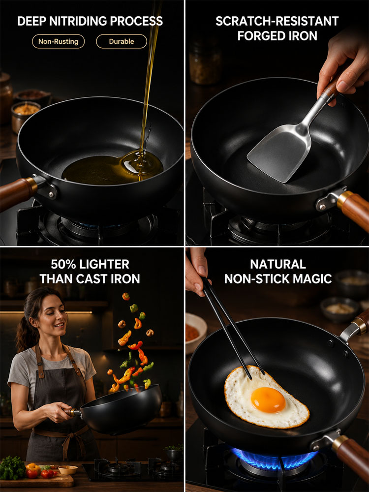 [100th Anniversary Flash Sale]Tsubame-Sanjo Masterpiece: Hand-Hammered Japanese Wok - 100% Toxin-Free & Natural Non-Stick 🇯🇵🍳80% OFF Artisan Iron Wok + FREE Rosewood Spatula & Lid 🎁📉