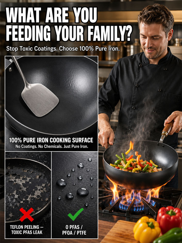 [100th Anniversary Flash Sale]Tsubame-Sanjo Masterpiece: Hand-Hammered Japanese Wok - 100% Toxin-Free & Natural Non-Stick 🇯🇵🍳80% OFF Artisan Iron Wok + FREE Rosewood Spatula & Lid 🎁📉