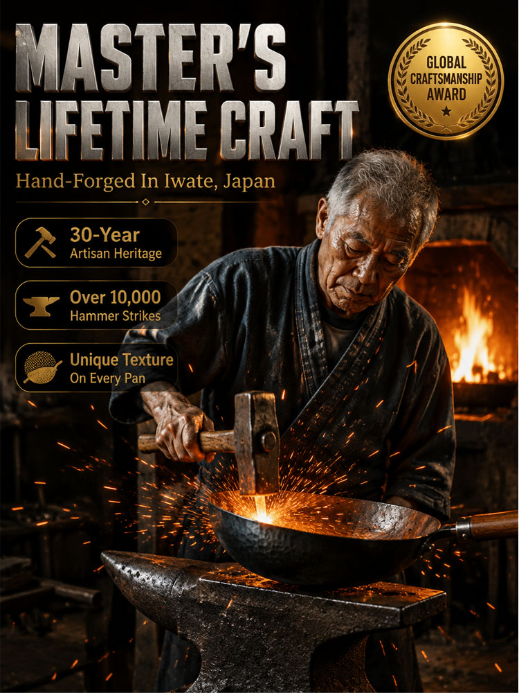[100th Anniversary Flash Sale]Tsubame-Sanjo Masterpiece: Hand-Hammered Japanese Wok - 100% Toxin-Free & Natural Non-Stick 🇯🇵🍳80% OFF Artisan Iron Wok + FREE Rosewood Spatula & Lid 🎁📉