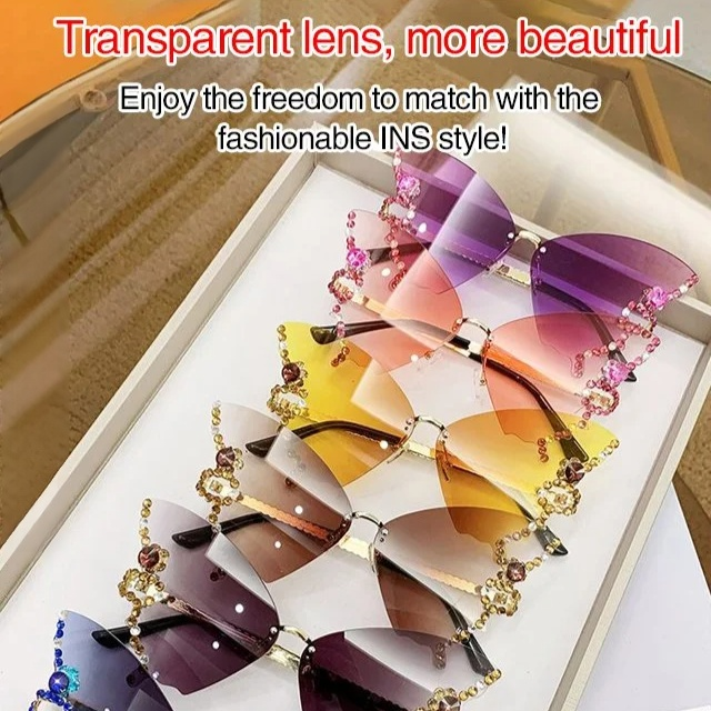 Rhinestone Butterfly Rimless Slim Sunglasses