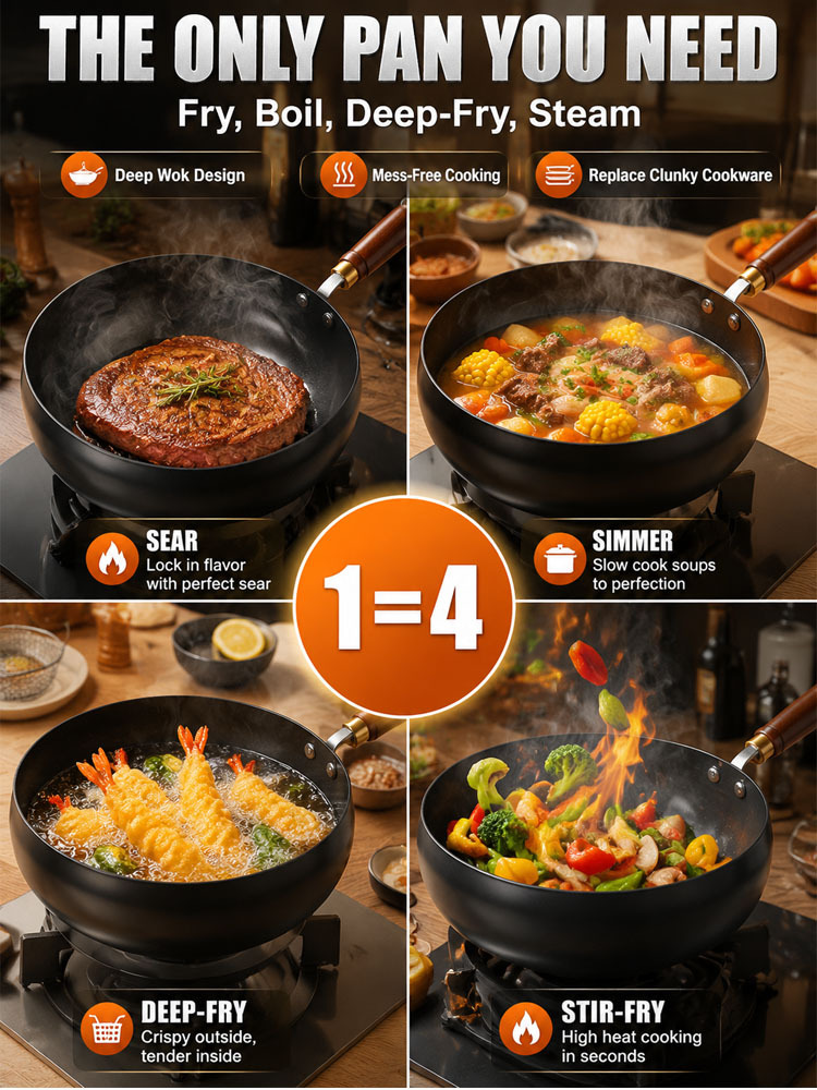 [100th Anniversary Flash Sale]Tsubame-Sanjo Masterpiece: Hand-Hammered Japanese Wok - 100% Toxin-Free & Natural Non-Stick 🇯🇵🍳80% OFF Artisan Iron Wok + FREE Rosewood Spatula & Lid 🎁📉