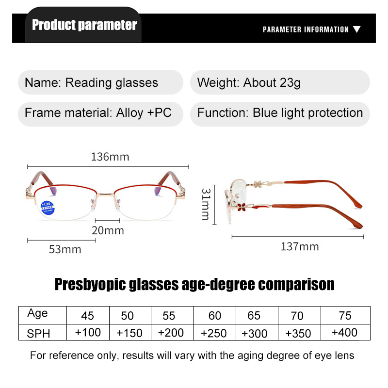 Anti-blue light fashionable half-frame ladies‘ reading glasses