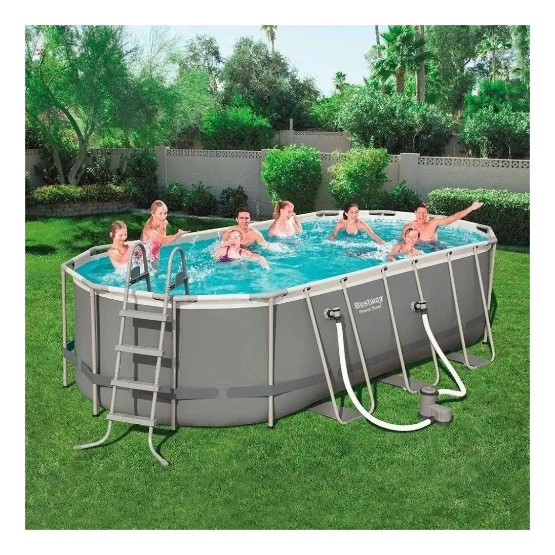 Alberca estructural ovalada Bestway 56622 con capacidad de 7250 litros de 4.27m de largo x 2.5m de ancho con Bomba y Escalera