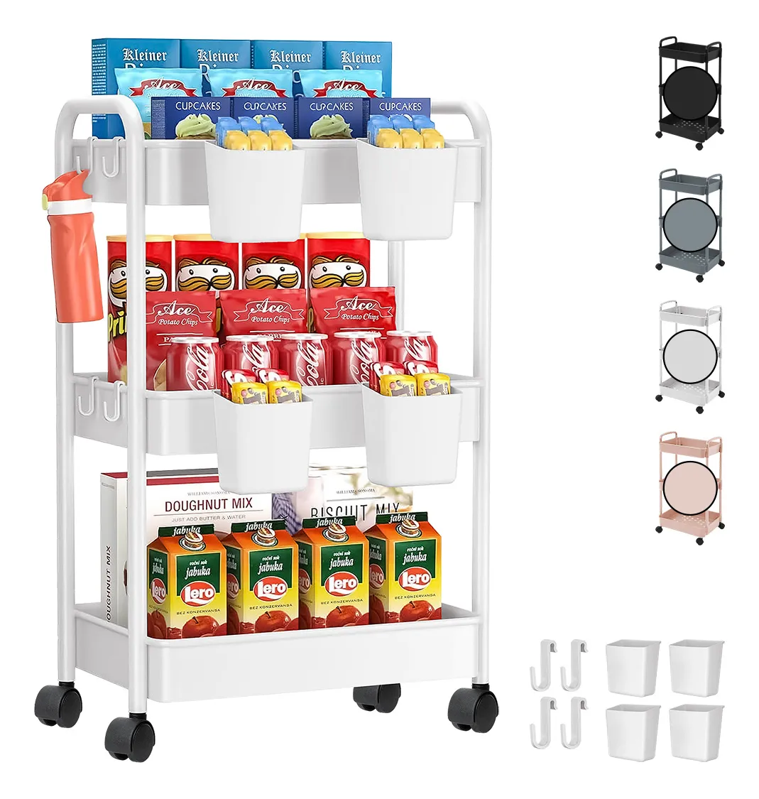 Carrito Organizador Multiusos 3 Niveles 4 Cestos y Ganchos Auxiliar Ruedas 360 Desmontable Soporta 13kg 72x37x21cm Blick Color Blanco