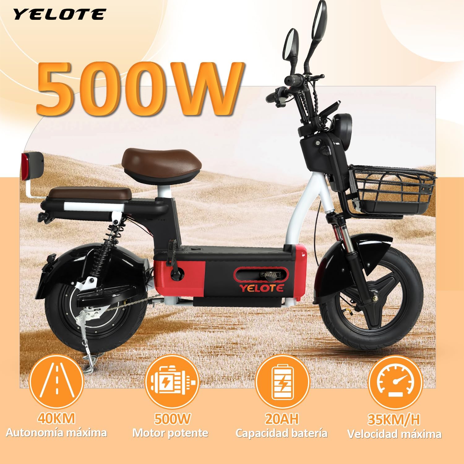 YELOTE Bicicleta Electrica Moto Electrica Velocidad Máxima 35KM/H,Autonomía 40-45KM,Baterías de Gran Capacidad de 20AH con Alarma