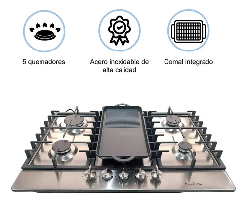 Estufa Parrilla 5 Quemadores Acero Inoxidable Comal Incluido Color Plateado