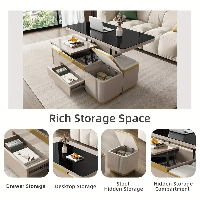   elevable con tapa extraíble única, compartimento oculto y superficie de cristal templado para  , mesa de té ajustable   con 4 taburetes, moderna plegable que se convierte en mesa de comedor, gris claro detalles 3