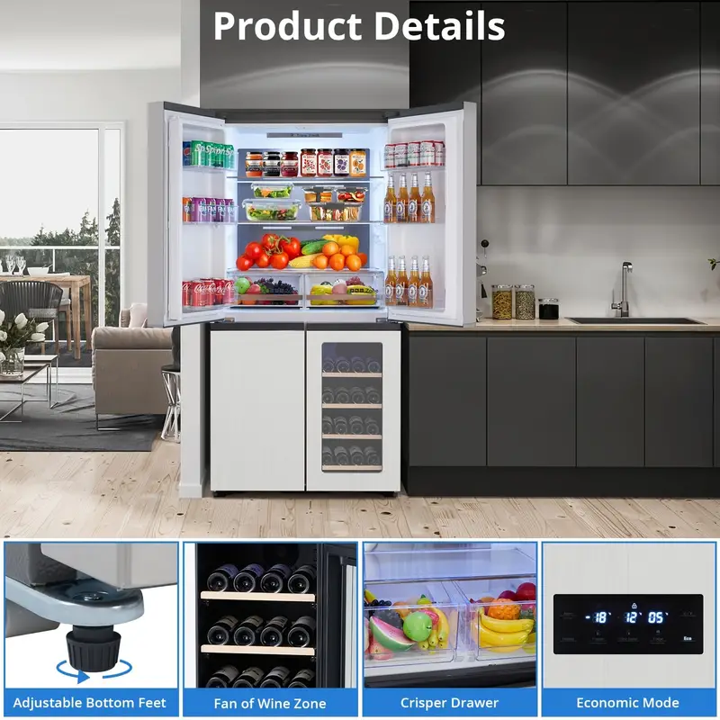 Refrigerador de puerta francesa Adoolla de 21 pies cúbicos, congelador inferior con gabinete para vinos, estantes de vidrio ajustables, refrigerador de cocina de 4 puertas en acero inoxidable, plateado detalles 1