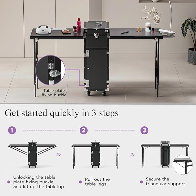 Icoget - computadora portátil para uñas, mesa plegable de manicura con rueda, estuche de maquillaje para enseñanza de uñas, 2 estuches para carros de cosméticos de computadora, color negro