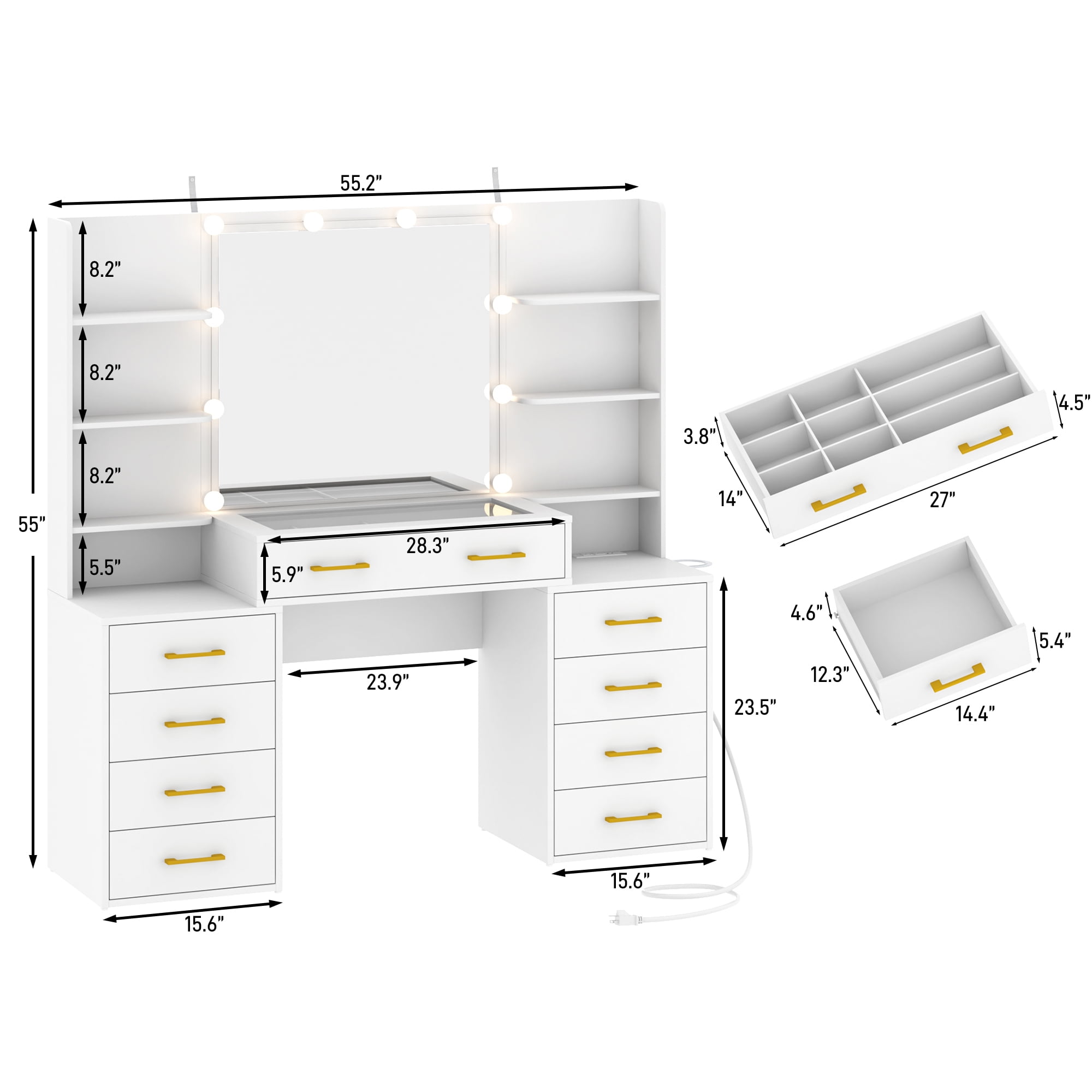 Tocador blanco con espejo y luces LED, tocador con tapa de cristal con estación de carga y cajones de almacenamiento con compartimentos, mesa de tocador de maquillaje grande con 9 cajones y 6 estantes