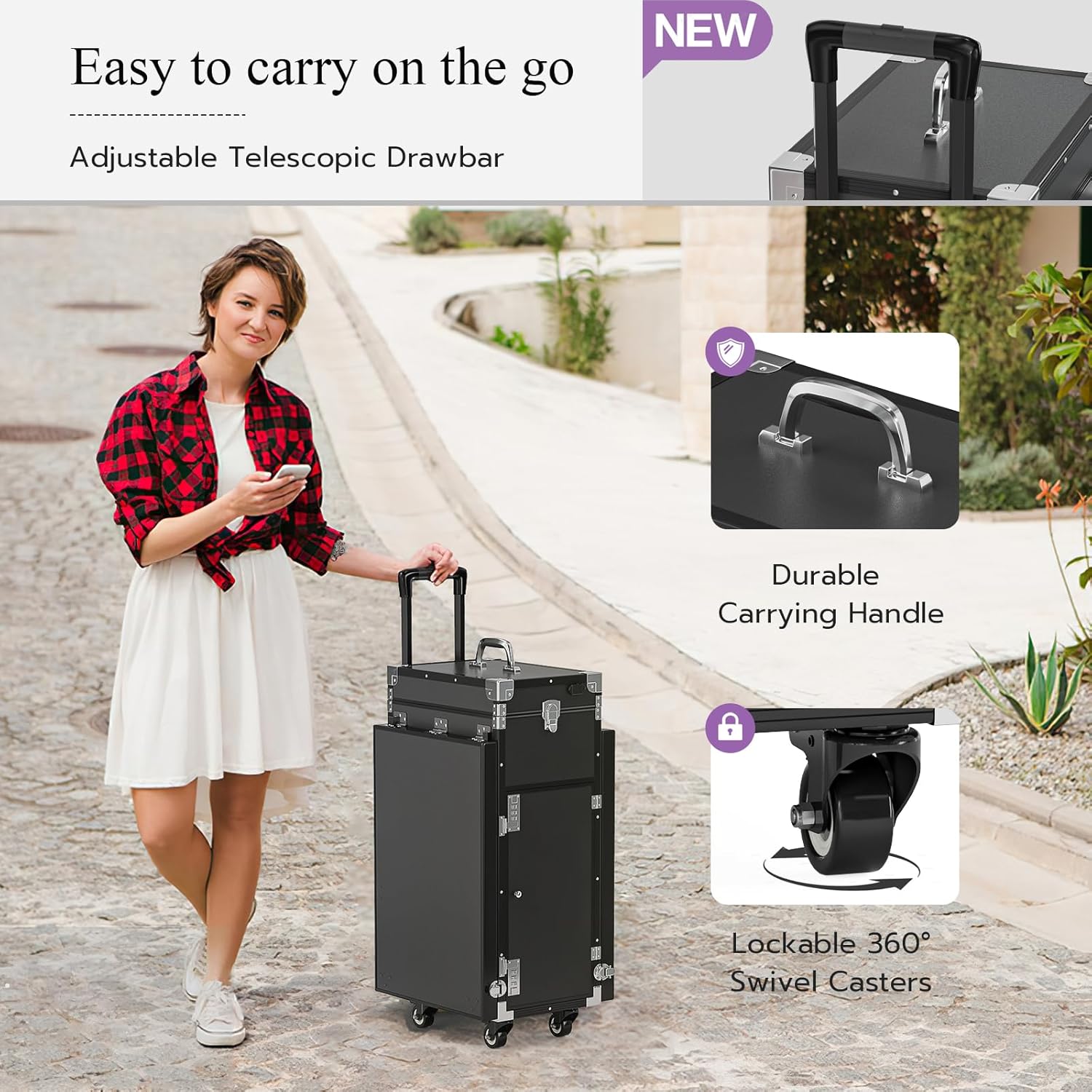 Icoget - computadora portátil para uñas, mesa plegable de manicura con rueda, estuche de maquillaje para enseñanza de uñas, 2 estuches para carros de cosméticos de computadora, color negro