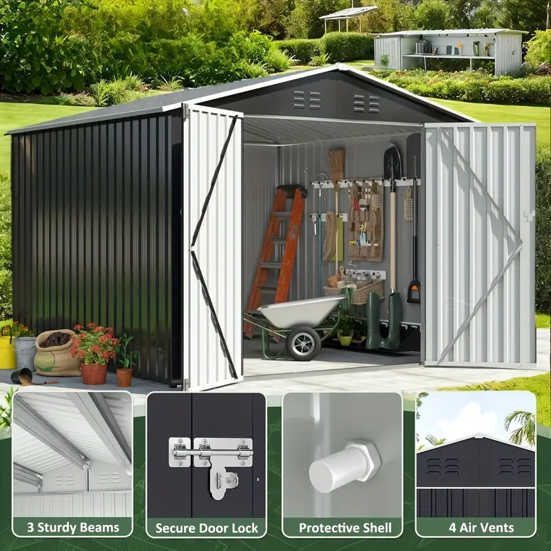 Cobertizo de almacenamiento exterior de 10'x10'FT, gran cobertizo de jardín, con techo inclinado y ventilación. Marco de puertas reforzadas y con cerradura actualizadas para cobertizo de metal para patio, patio trasero, garaje, césped, gris