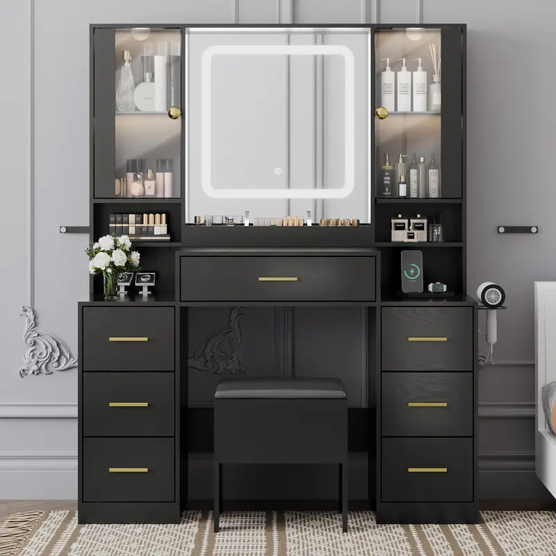 Espejo de tocador con luces Escritorio con silla y gabinete de vidrio LED, tocador con espejo iluminado y toma de corriente, tocador con 7 cajones