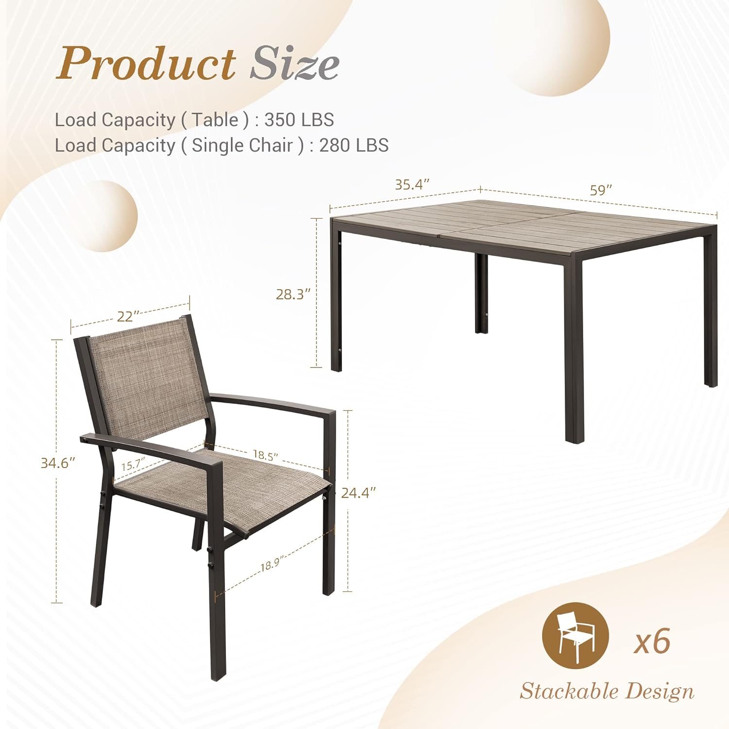 Juego de comedor para patio, 7 piezas, marco de metal, muebles de exterior con 6 sillas de textileno y mesa rectangular, juego de conversación de cocina familiar para patio trasero, césped, terraza (café)