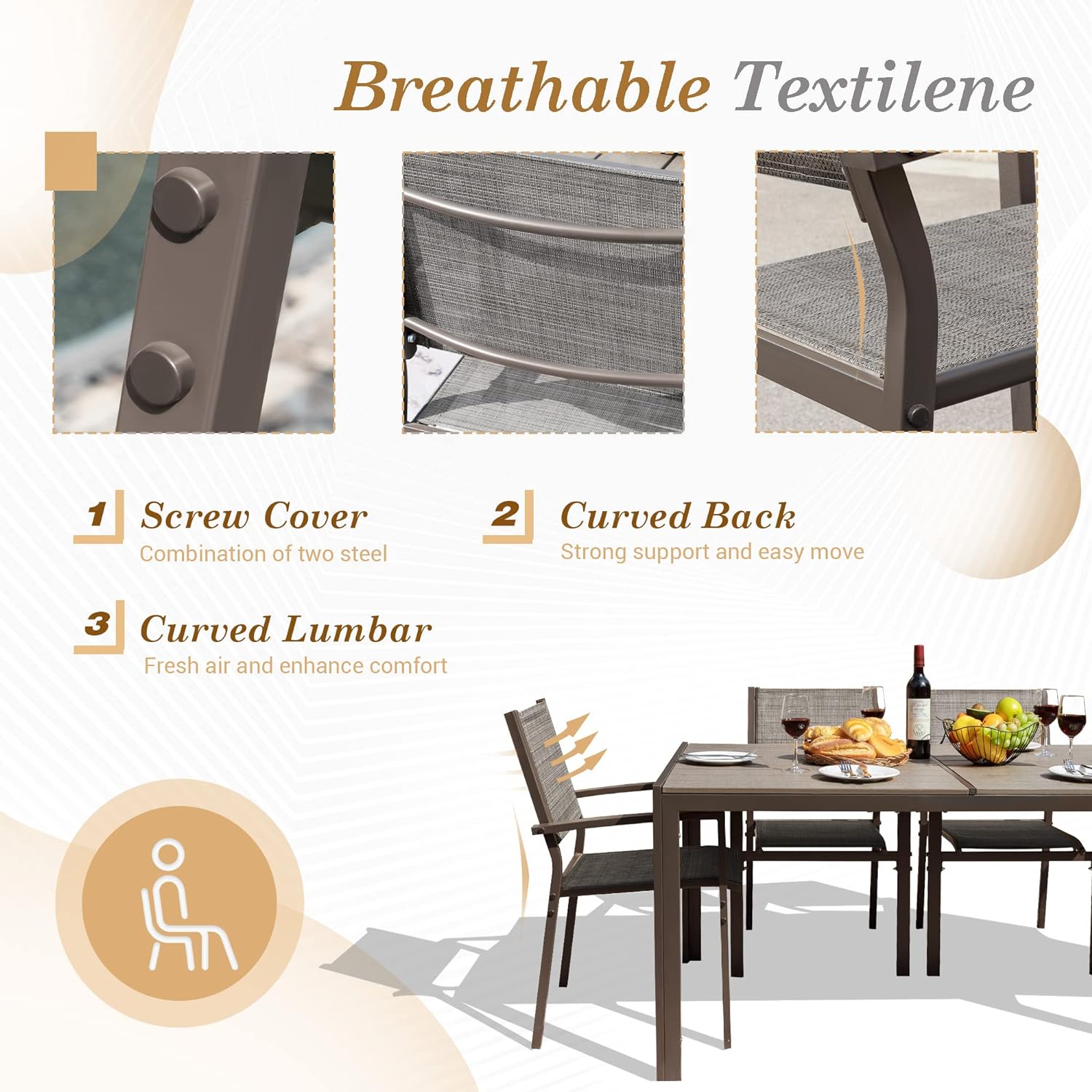 Juego de comedor para patio, 7 piezas, marco de metal, muebles de exterior con 6 sillas de textileno y mesa rectangular, juego de conversación de cocina familiar para patio trasero, césped, terraza (café)