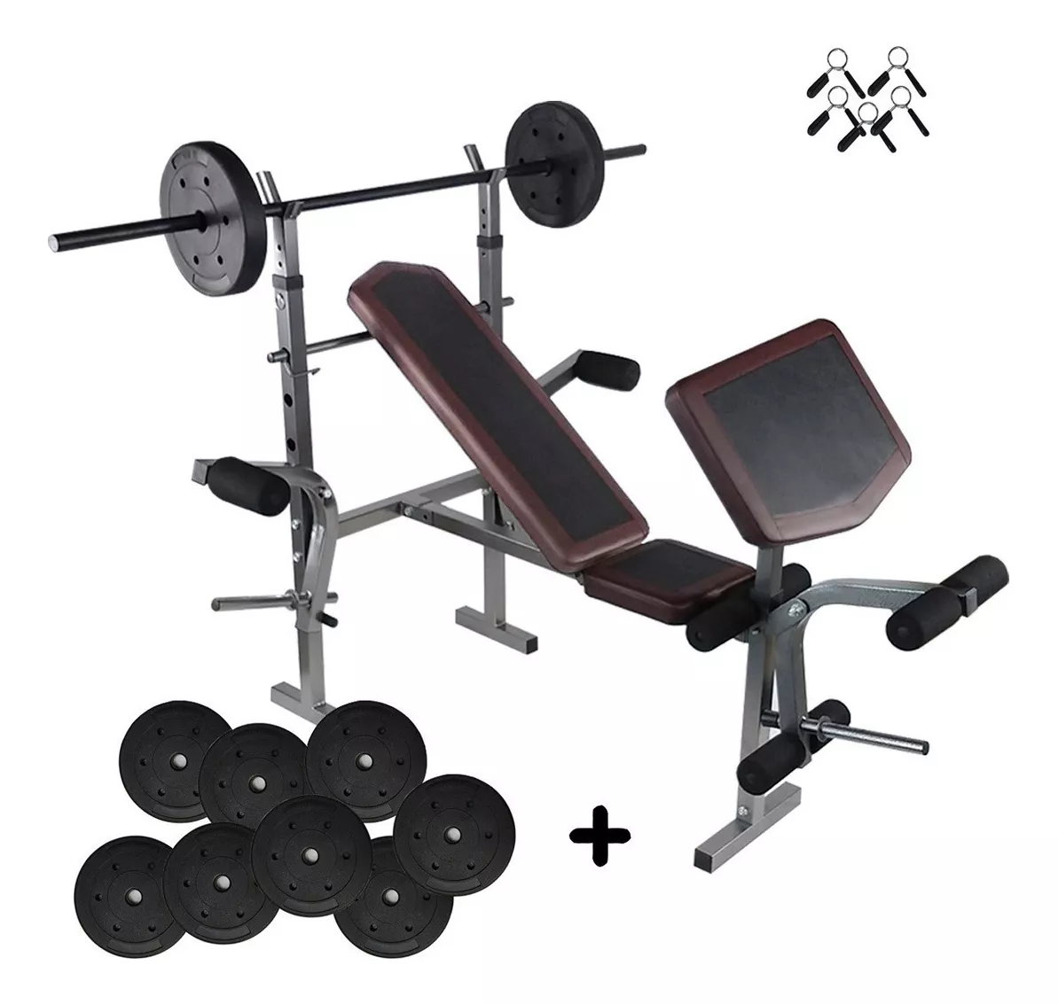 Banco Multiposiciones Kit Discos Gym Pesas Ejercicio Barra
