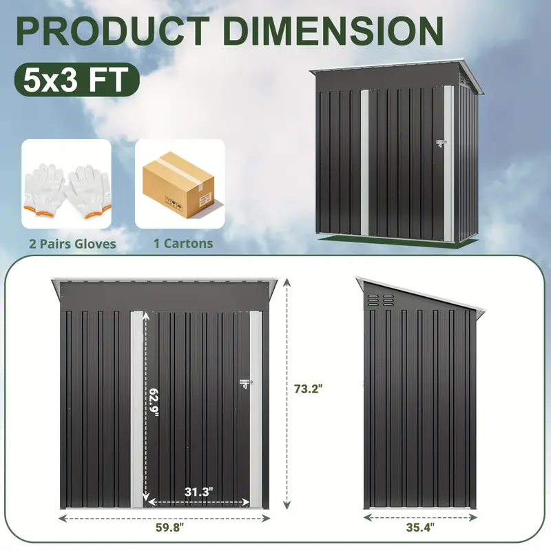 Cobertizo de almacenamiento exterior de 10'x10'FT, gran cobertizo de jardín, con techo inclinado y ventilación. Marco de puertas reforzadas y con cerradura actualizadas para cobertizo de metal para patio, patio trasero, garaje, césped, gris
