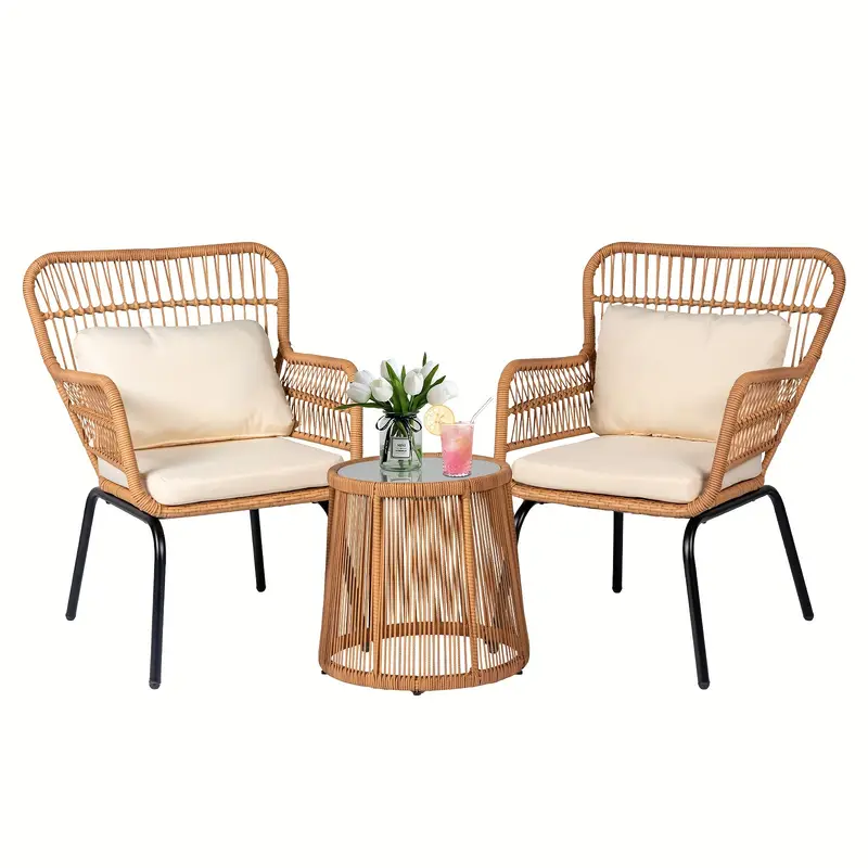 Juego de 3 muebles de mimbre para patio, incluye 2 sillas y una mesa con tapa de vidrio, ideal para porche, exterior, patio trasero, apartamento, balcón, color natural.