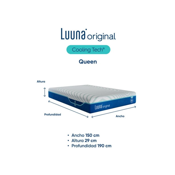 Colchón Queen Size Luuna Original Suave Cooling Tech, con 8 tecnologías, Colchón Memory Foam, Colchones de Espuma, Colchón en Caja Queen Size, Hecho en México blanco Queen Size
