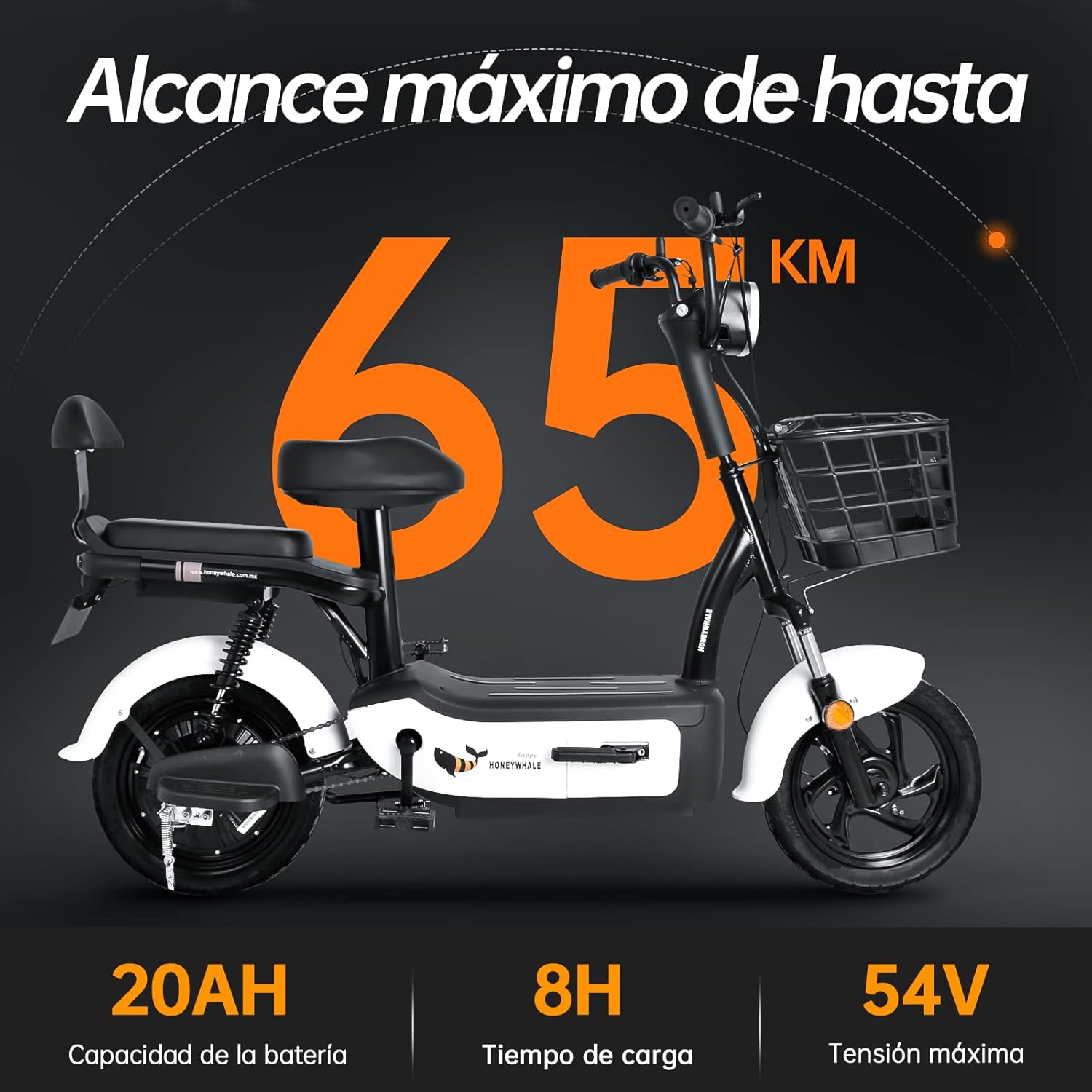 HONEYWHALE U1s Bicicleta Electrica para Adultos, Bicimoto Eléctrica con Alarma, Máxima del Motor 650W, Velocidad Máxima 31KM/H, Autonomía 60-65KM, Baterías de Gran Capacidad de 20AH, Dos Asientos