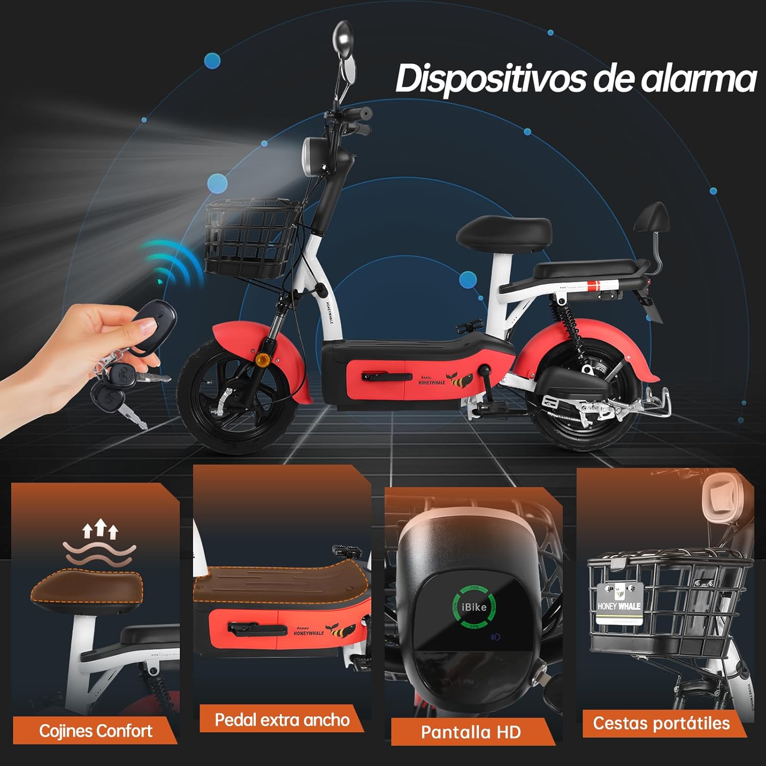 HONEYWHALE U1s Bicicleta Electrica para Adultos, Bicimoto Eléctrica con Alarma, Máxima del Motor 650W, Velocidad Máxima 31KM/H, Autonomía 60-65KM, Baterías de Gran Capacidad de 20AH, Dos Asientos
